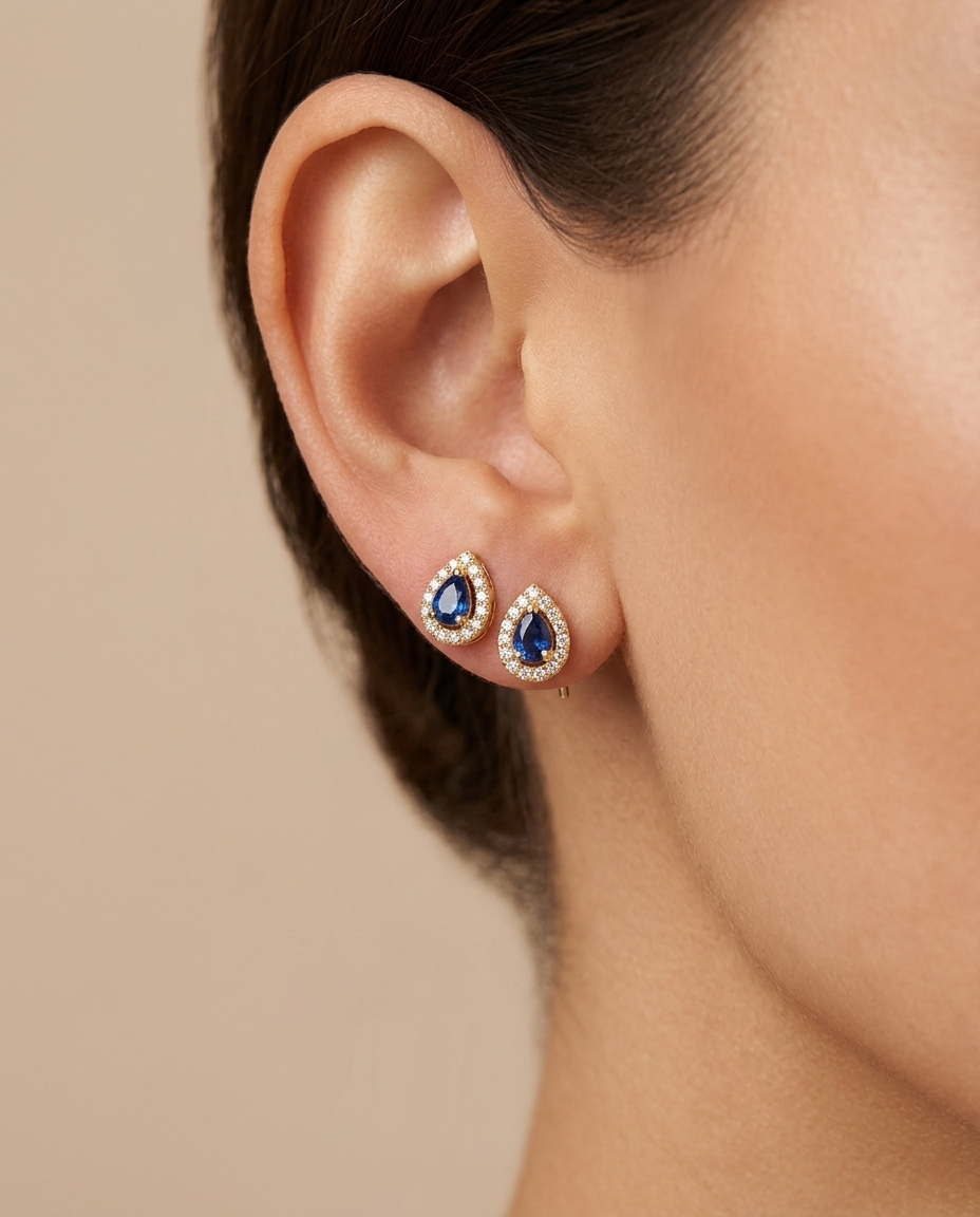 14KT Gold Blue Sapphire with Diamonds Earring on model