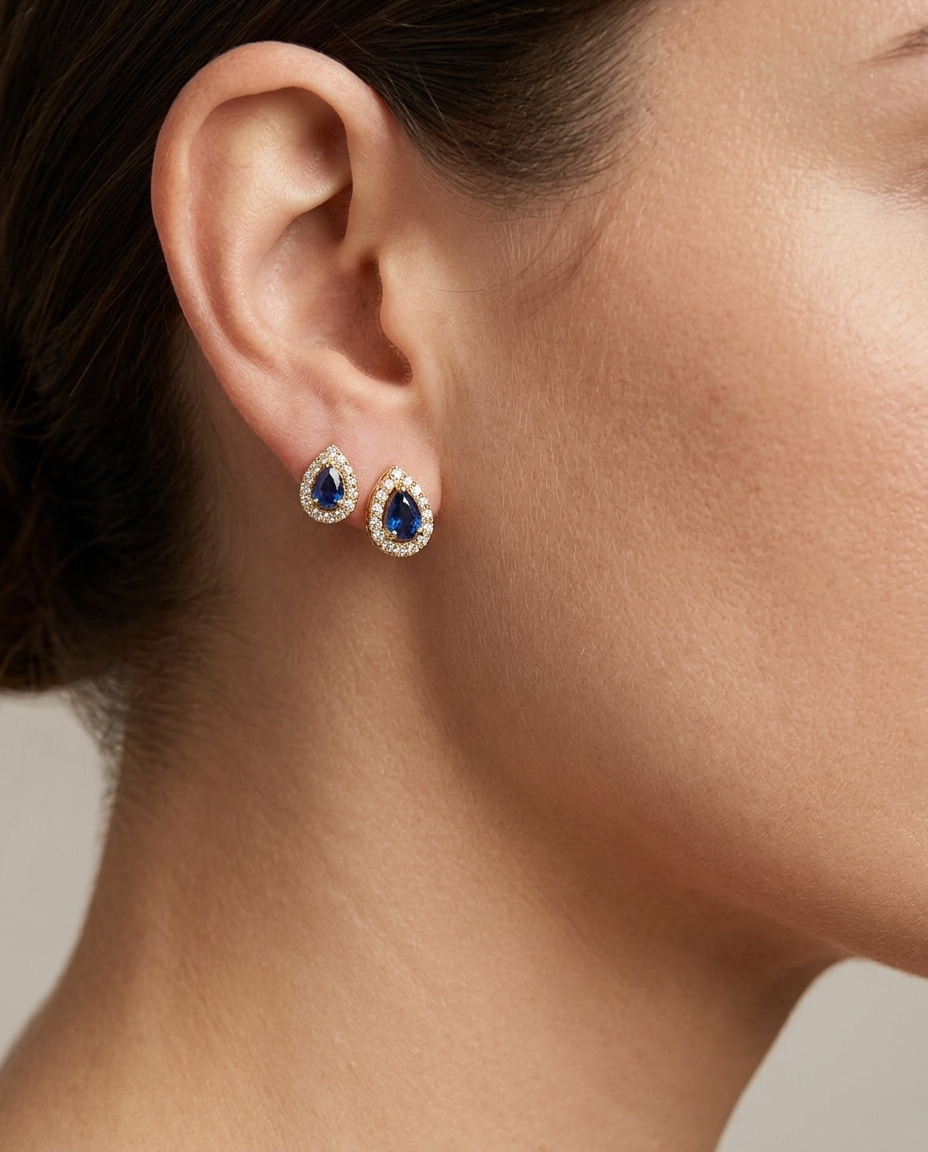 14KT Gold Blue Sapphire with Diamonds Earring on model