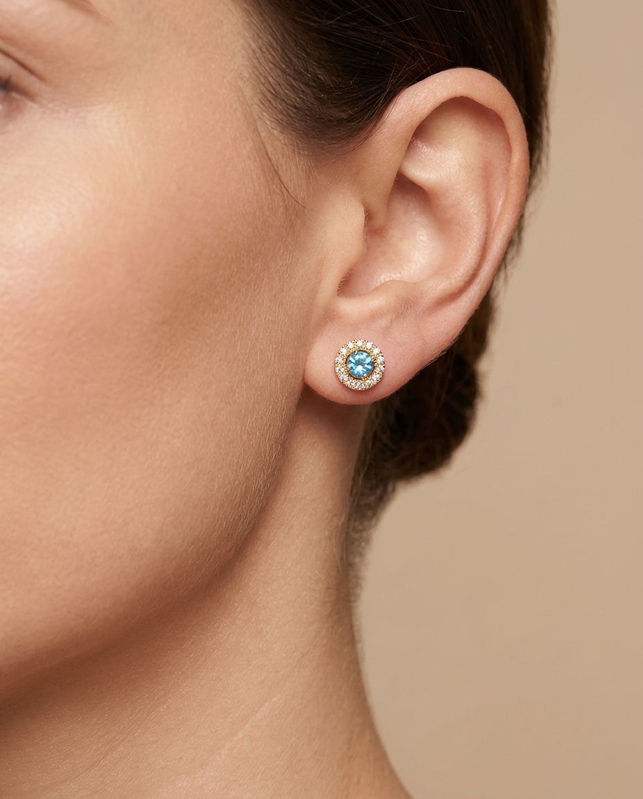 14KT Gold Blue Topaz Earring with Diamonds view 2