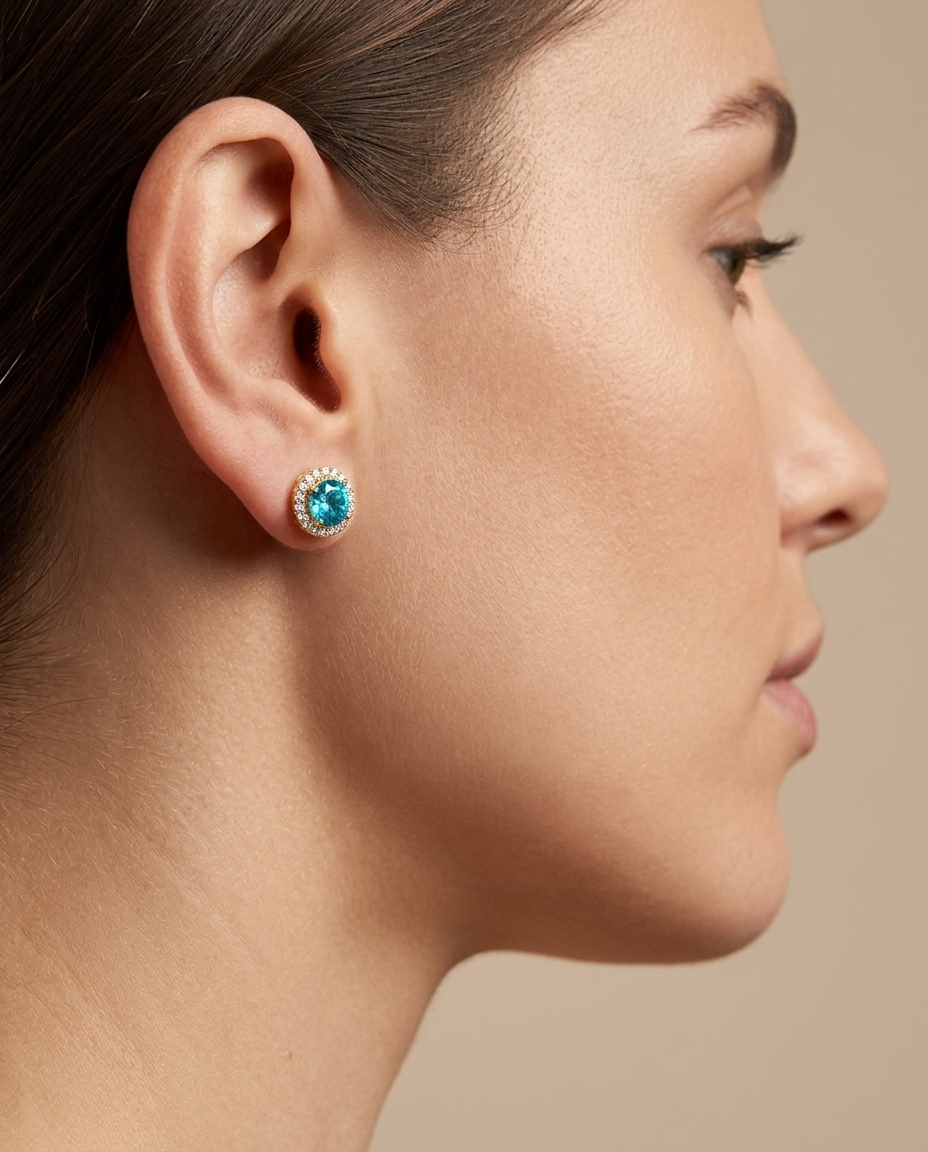 14KT Yellow Gold Blue Zircon and Diamonds Earring on model