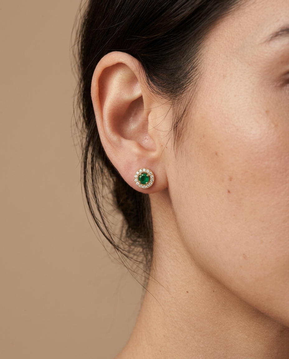 14KT Gold Emerald Earring with Diamonds view 2