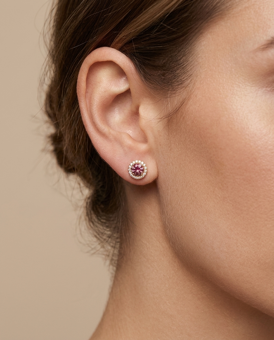 14KT Yellow Gold Pink Tourmaline and Diamonds Earring view 2