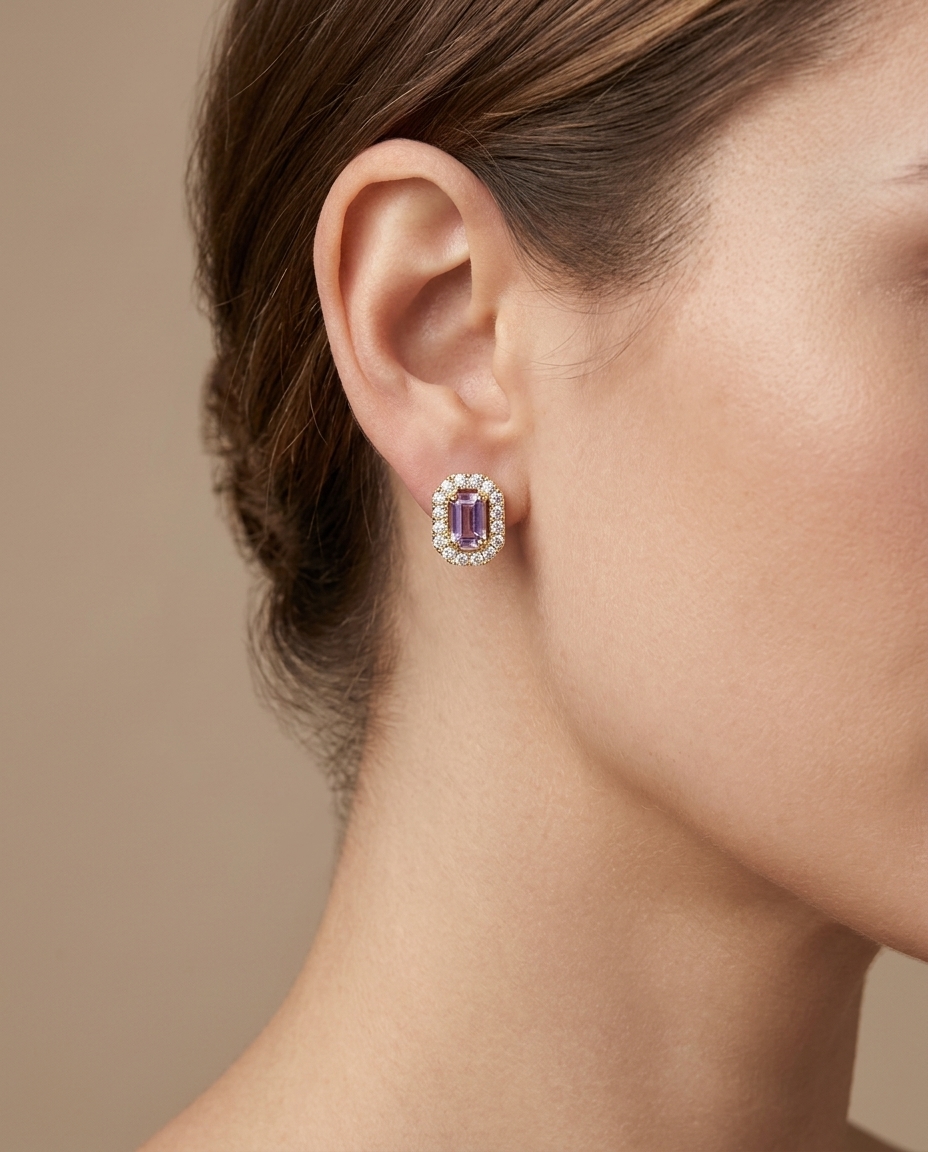 14KT White Gold Orange/ Yellowish Sapphire and Diamonds Earring on model