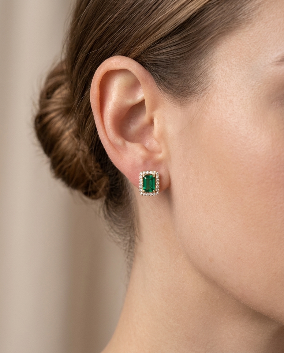 14KT Yellow Gold Emerald with Diamonds Earring on model