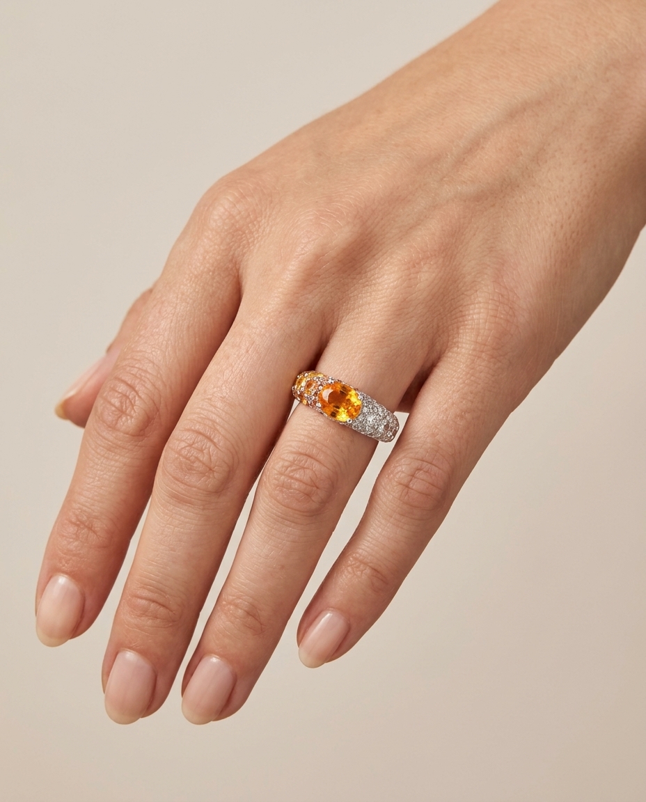 18KT Gold White and Orange Sapphire Ring on model