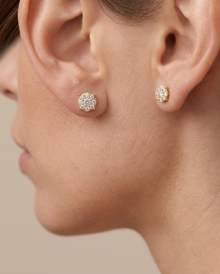 14KT Gold Diamond Round Earring Studs on model