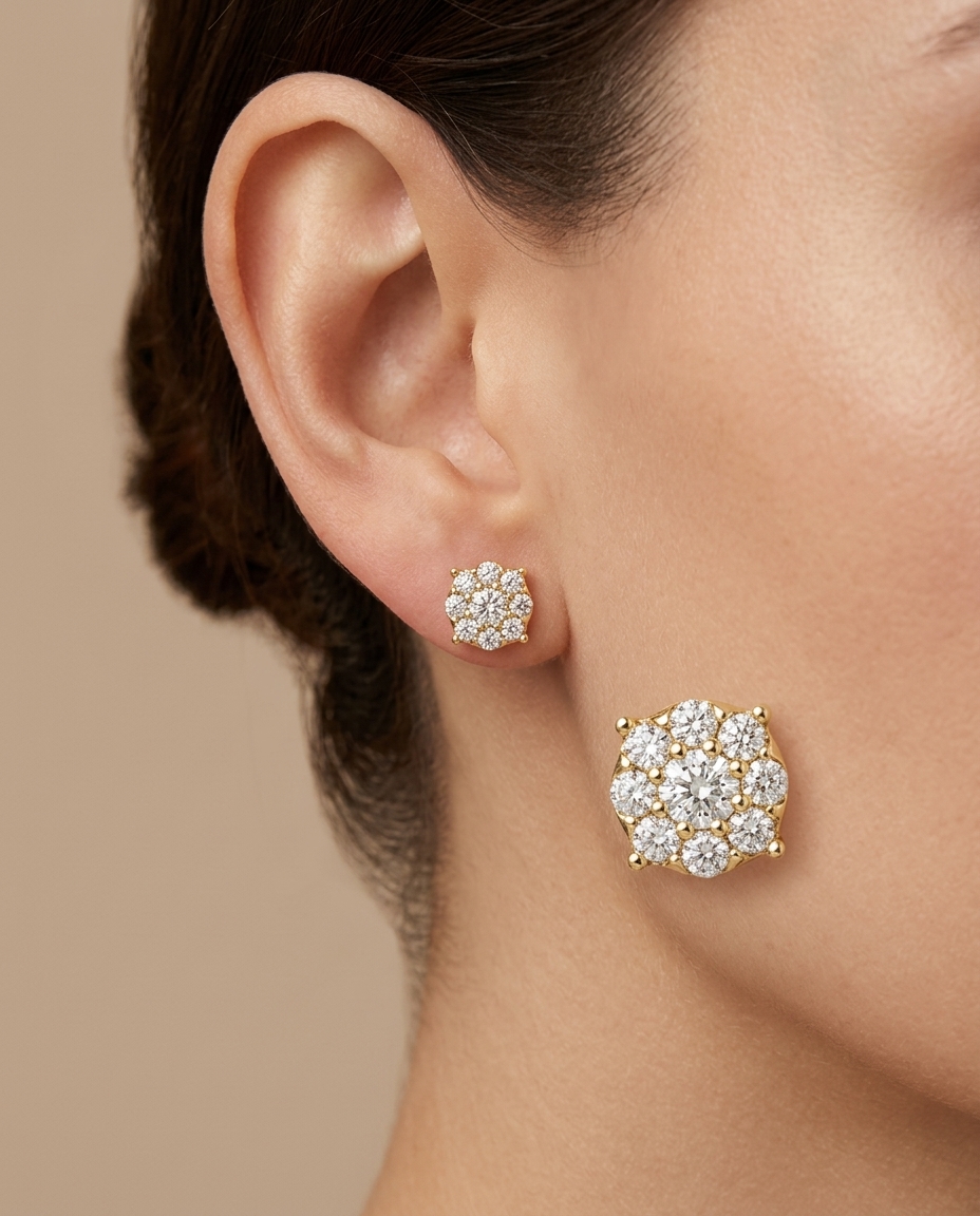14KT Gold Diamond Round Earring Studs on model