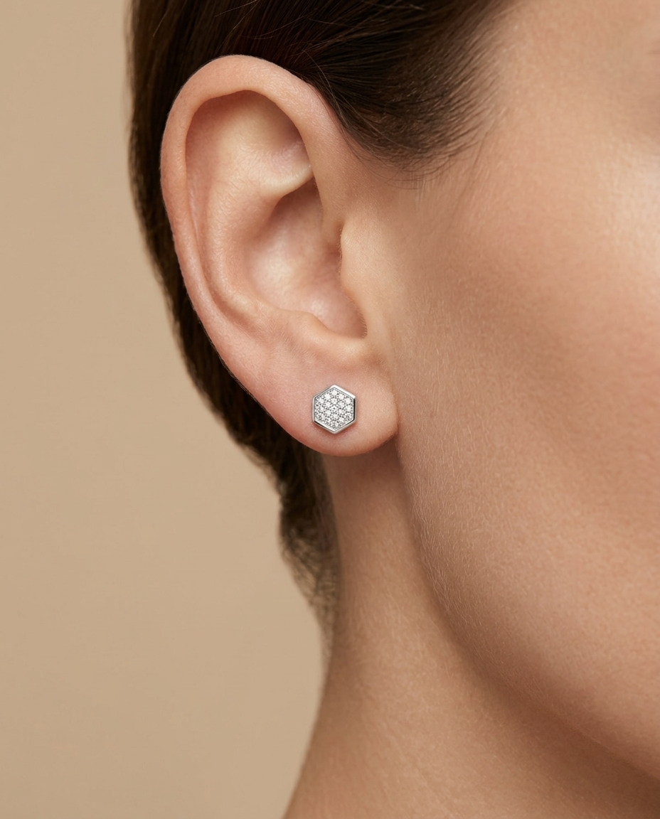 14KT White Gold Diamond Hexagon Disk Ear Studs on model
