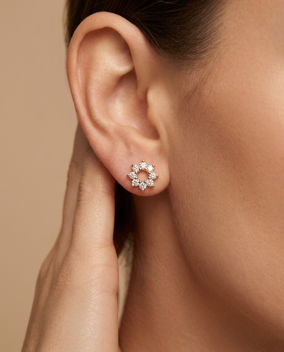 14KT Gold Diamond Open Circle Ear Studs view 2