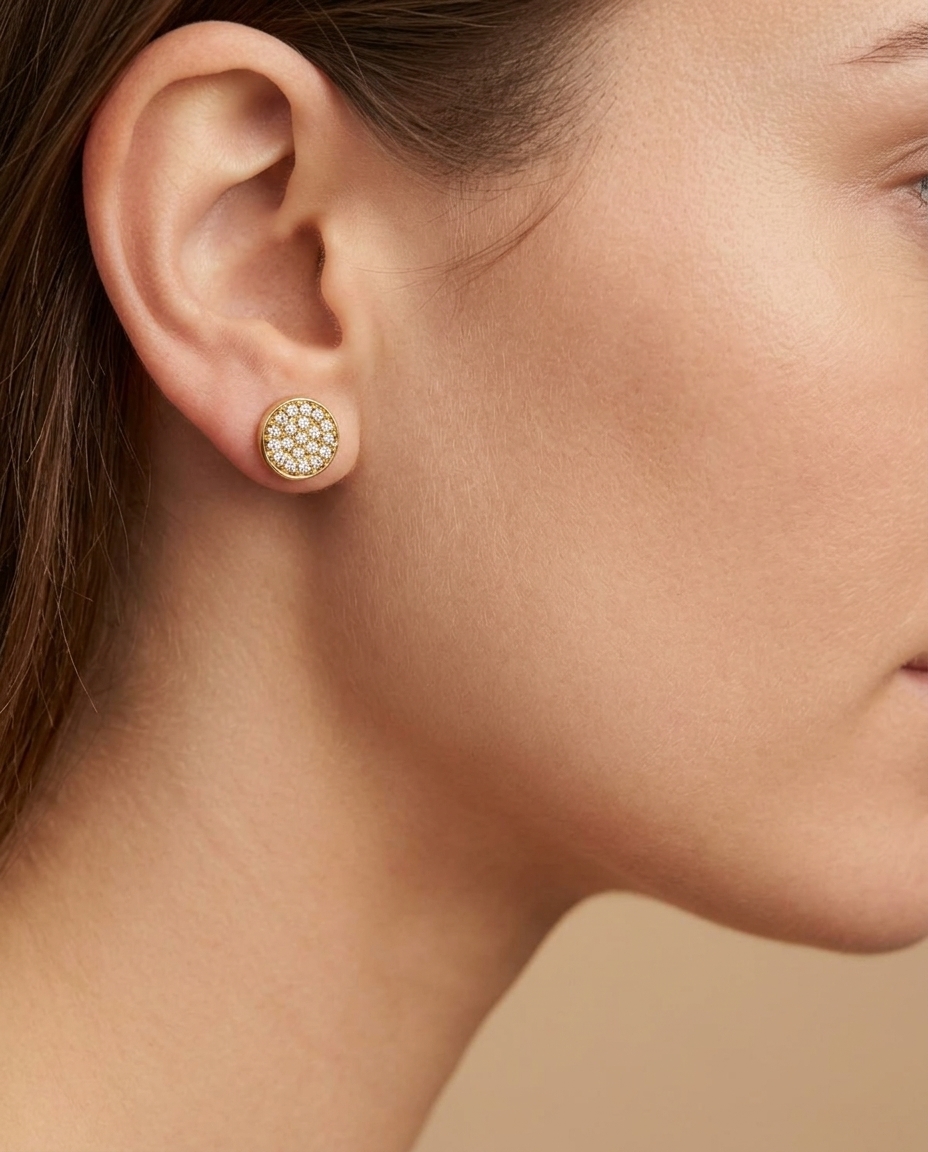 14KT Gold Diamond Round Disk Studs 5.5 MM on model