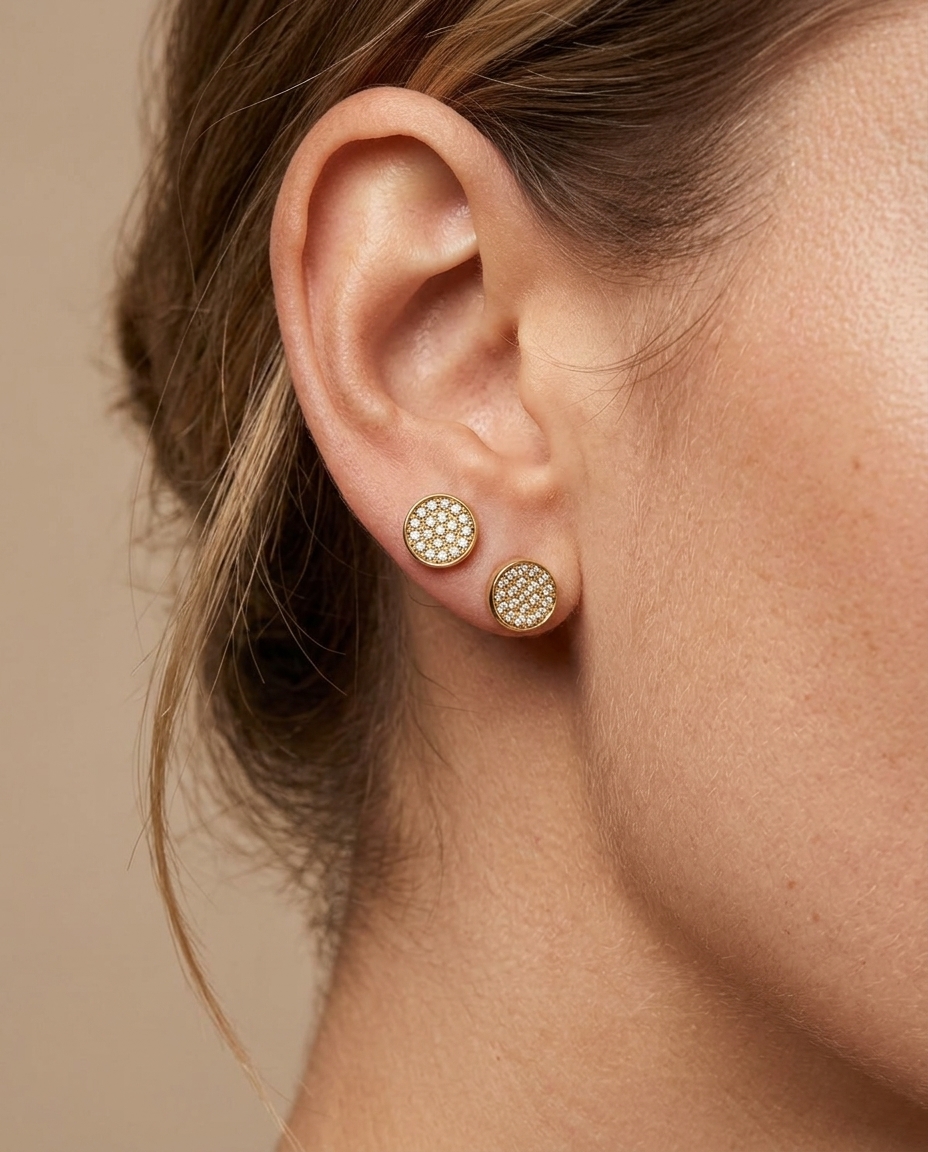 14KT Gold Diamond Round Disk Studs 5.5 MM on model