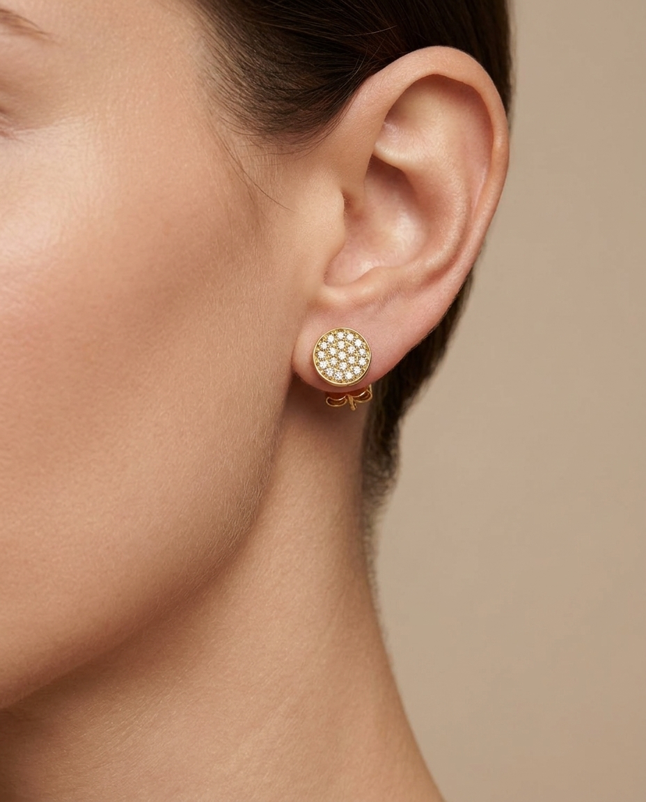14KT Gold Diamond Round Disk Studs 5.5 MM on model