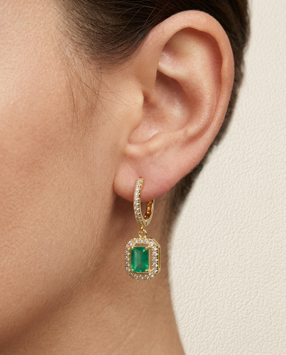 14KT Yellow Gold Emerald and Diamonds Earring view 2