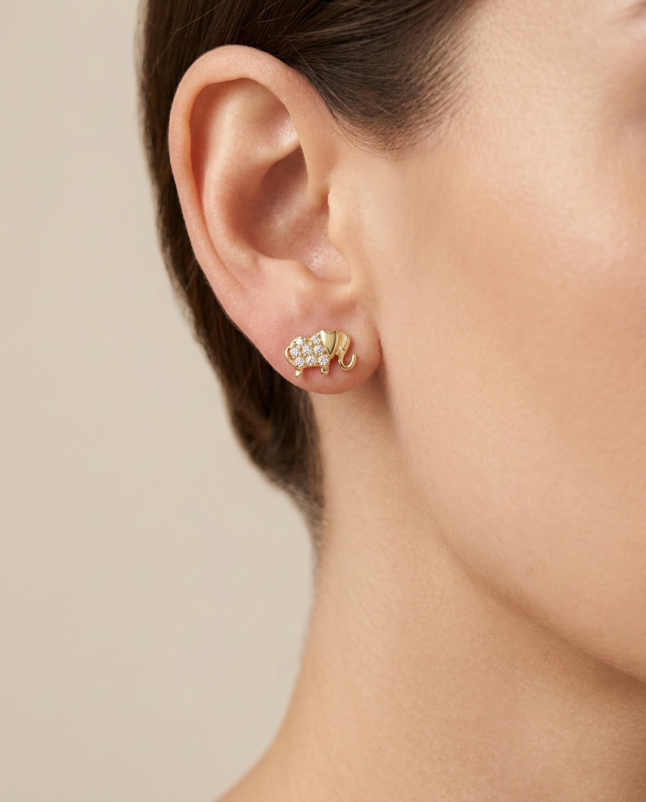 14KT Gold Elephant Diamond Earring view 2