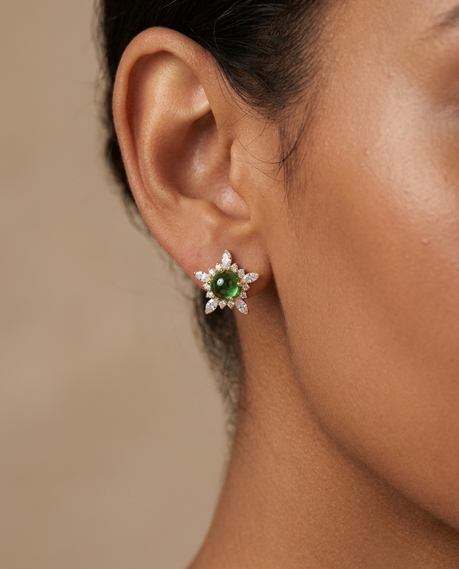 14KT Yellow Gold Tsavorite and Diamonds Earring on model