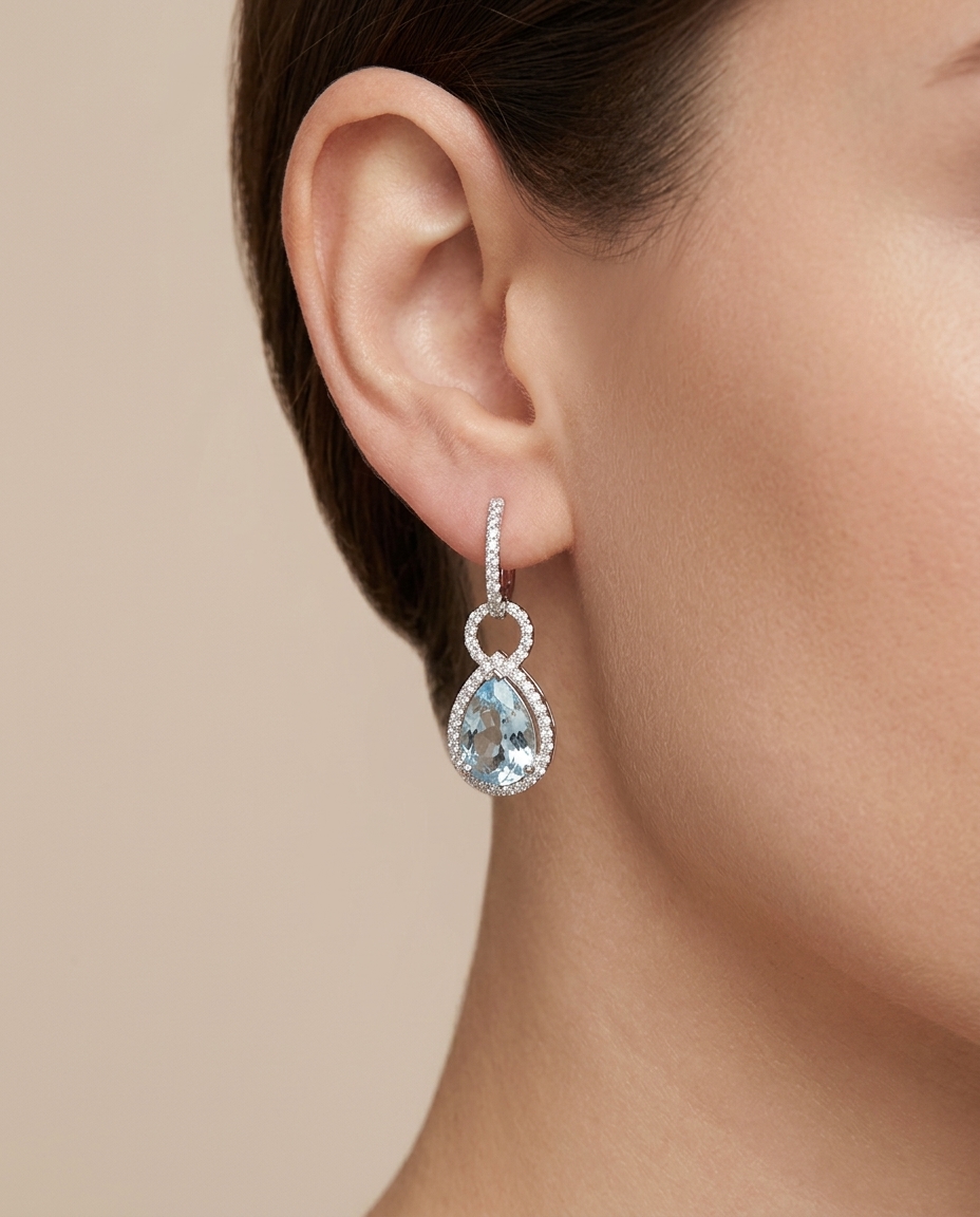14KT Gold Aquamarine and Diamond Earring view 2