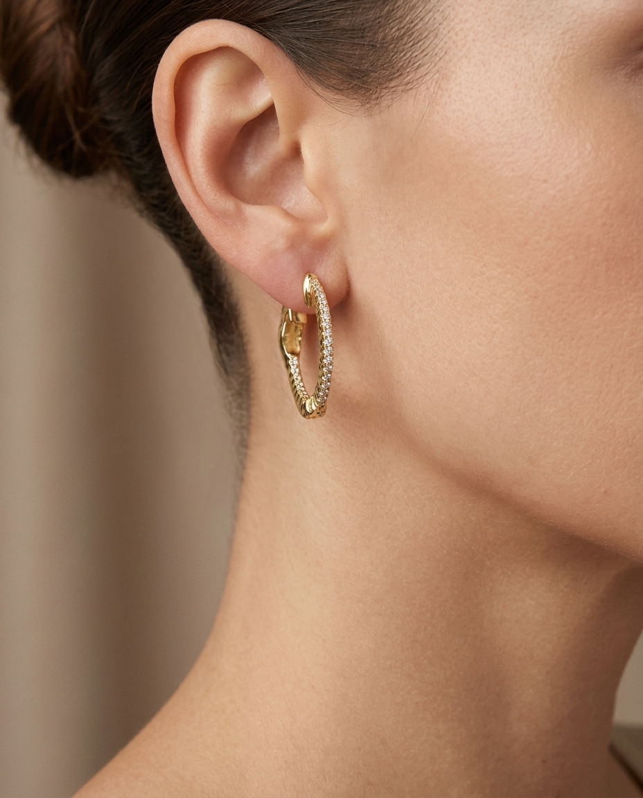14KT Gold Diamond Huggies Earring on model