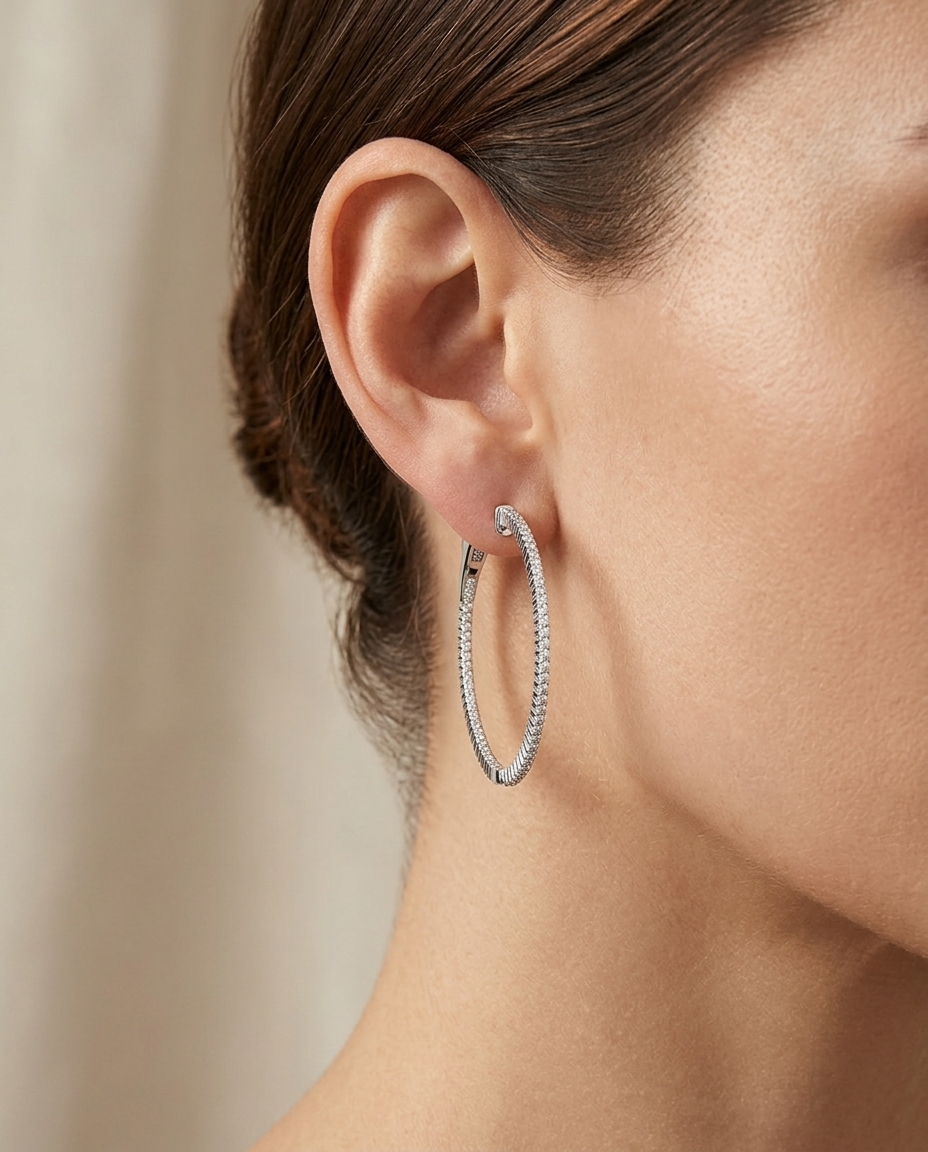 14KT Gold Diamond Hoop Earrings view 2