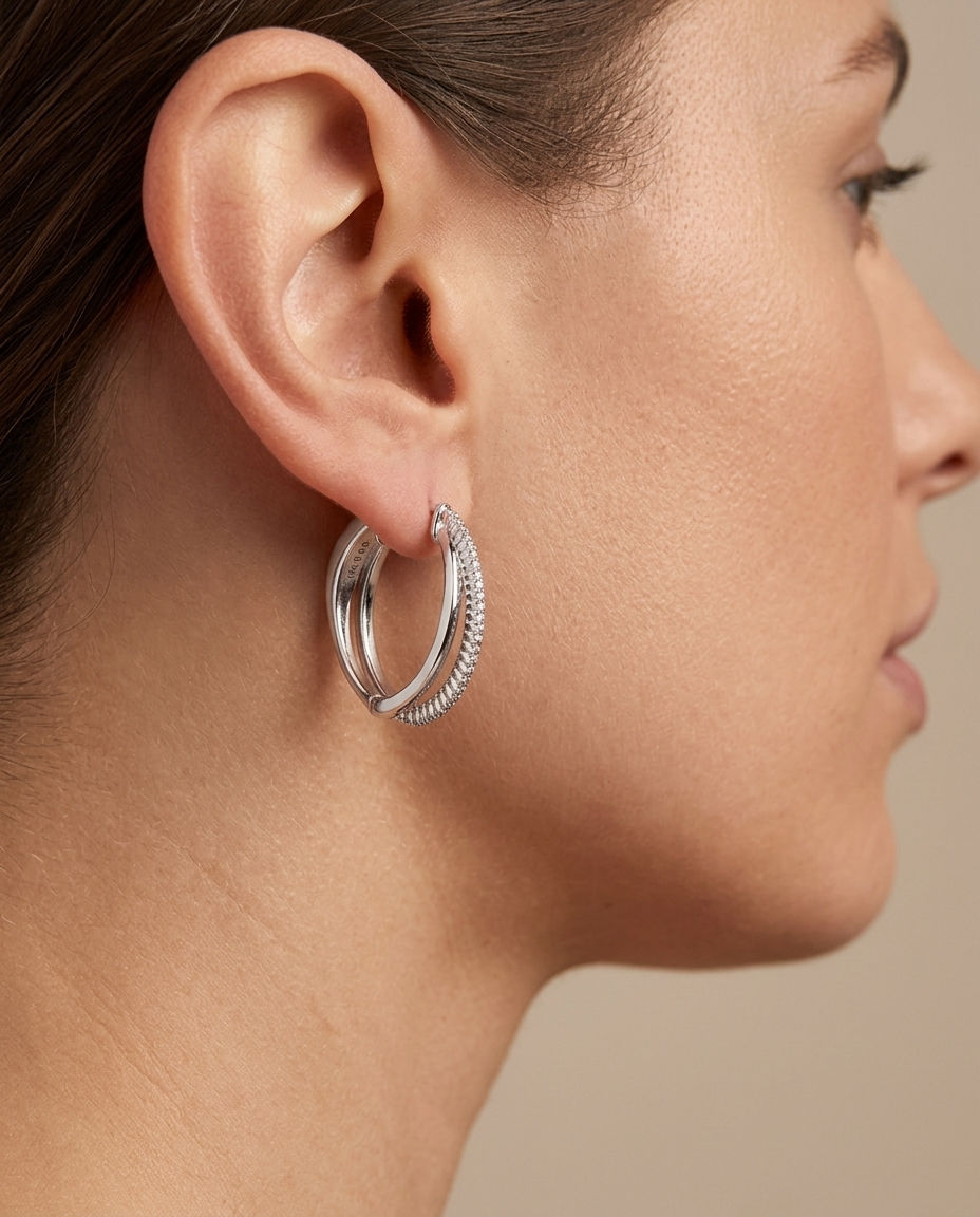 14KT Gold Diamond Huggies Earring on model