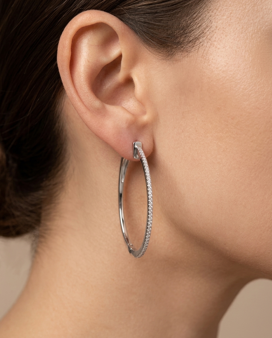 14KT Gold Diamond Hoop Earrings view 2
