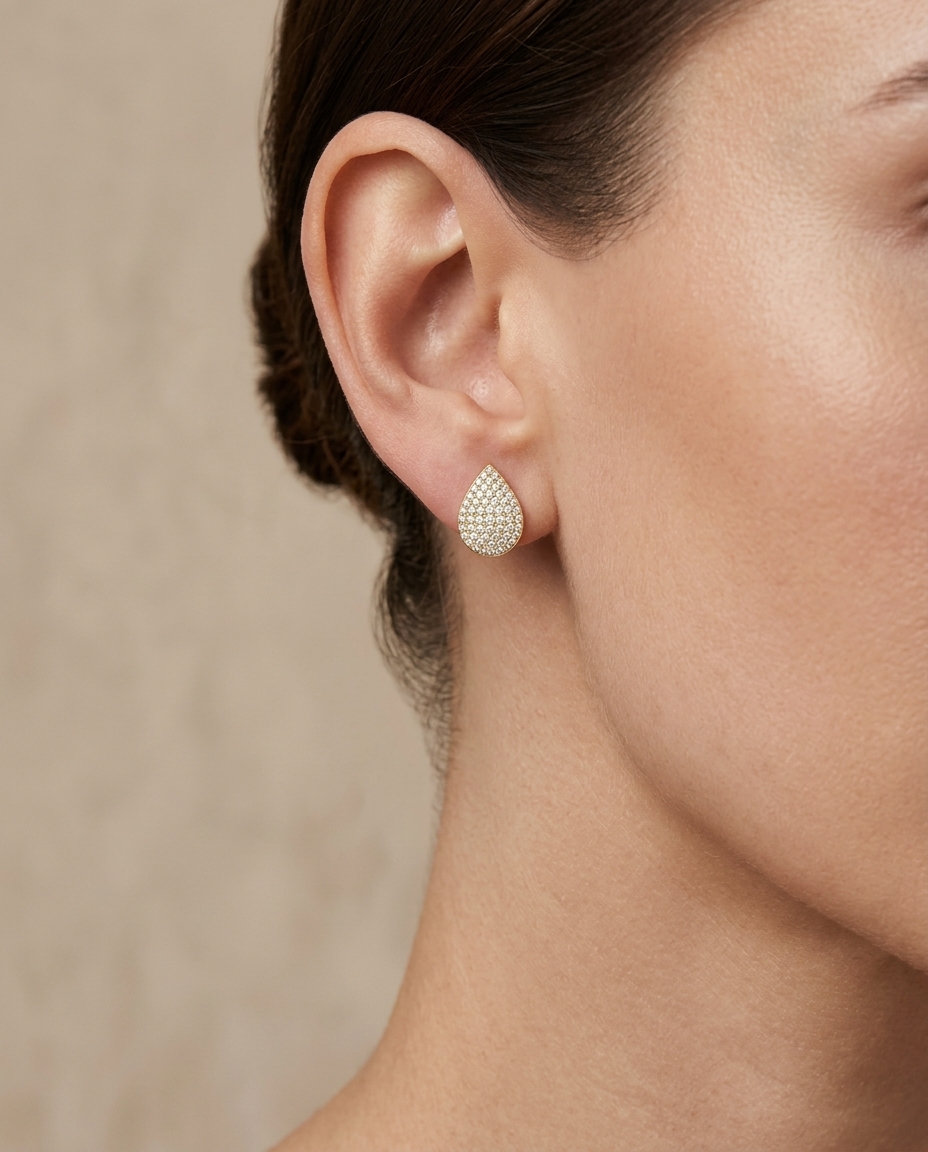 Diamond Pear Shape Ear Studs on model