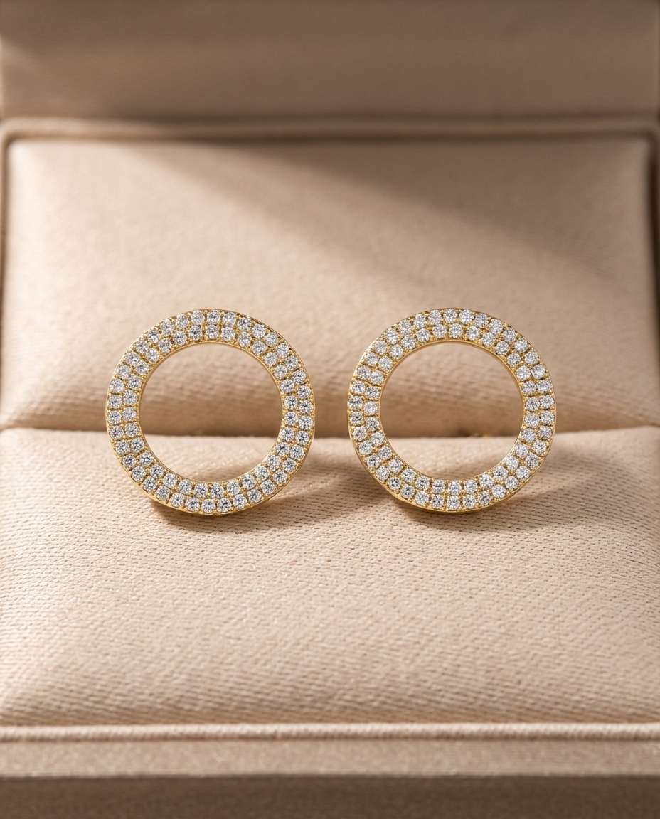 14KT Gold Diamond Annulus Ear Studs on model