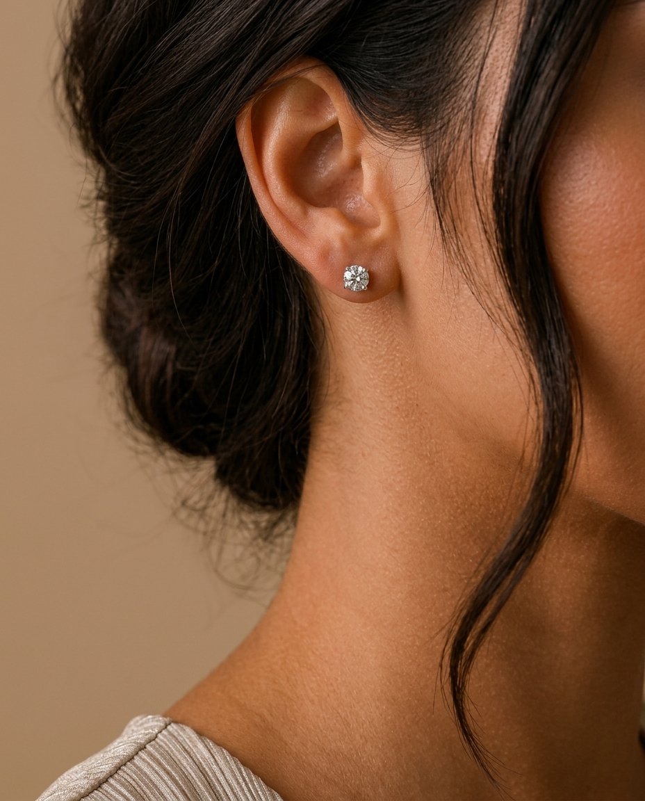 14KT Gold Solitaire Diamond Studs 4 Prong on model
