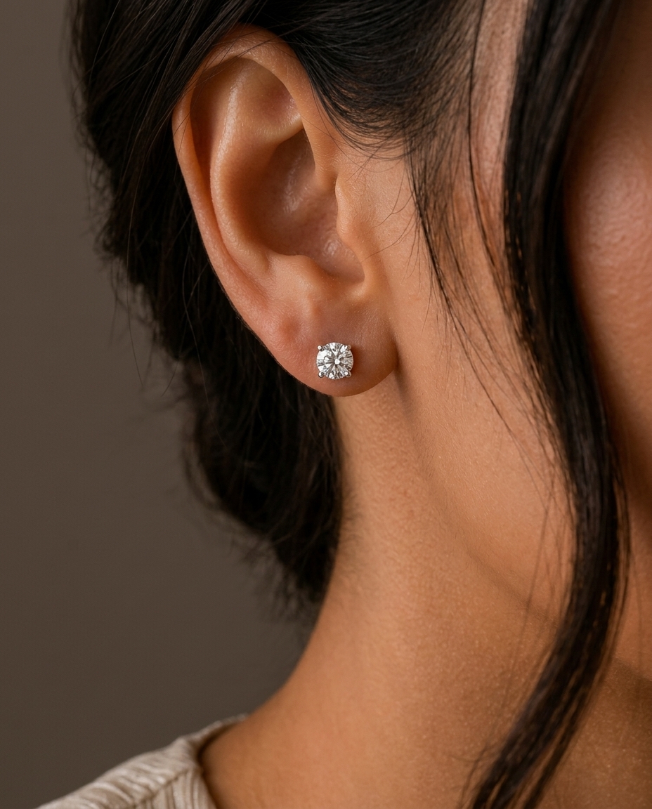 14KT Gold Solitaire Diamond Studs 4 Prong on model