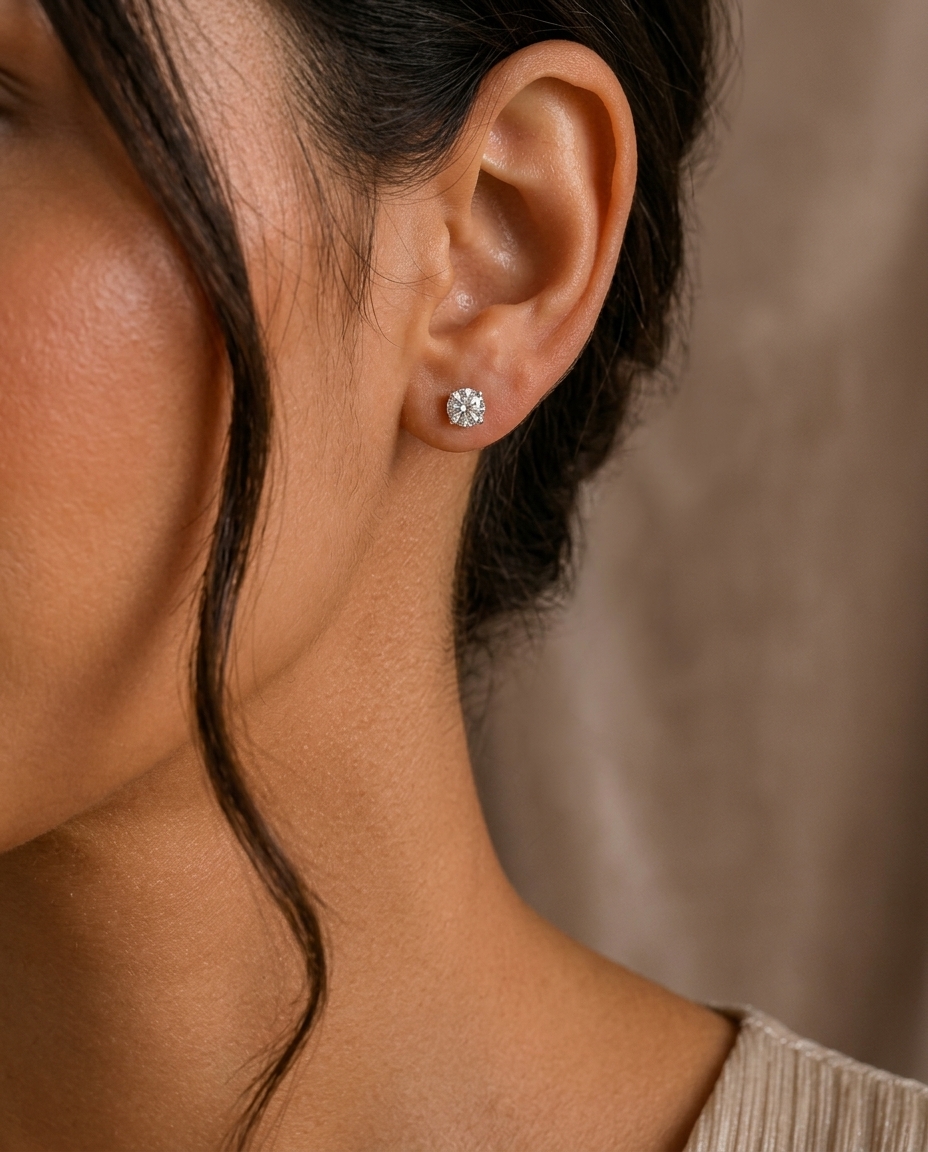14KT Gold Solitaire Diamond Studs 4 Prong on model