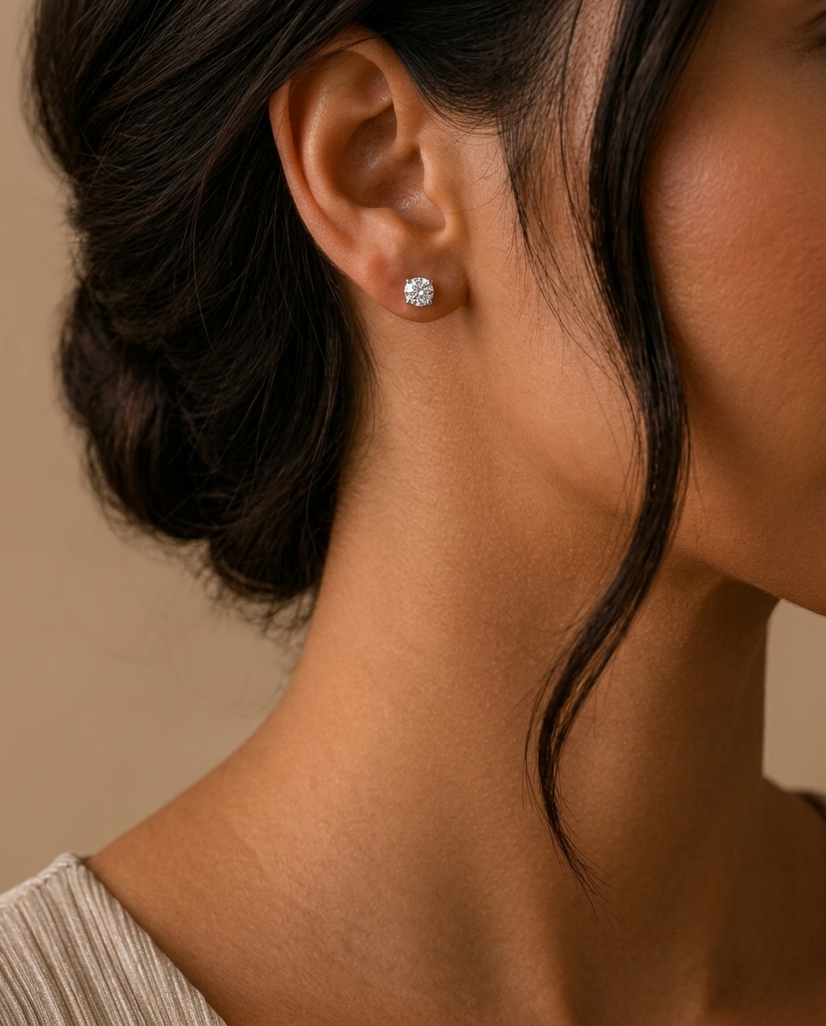 14KT Gold Solitaire Diamond Studs 4 Prong on model