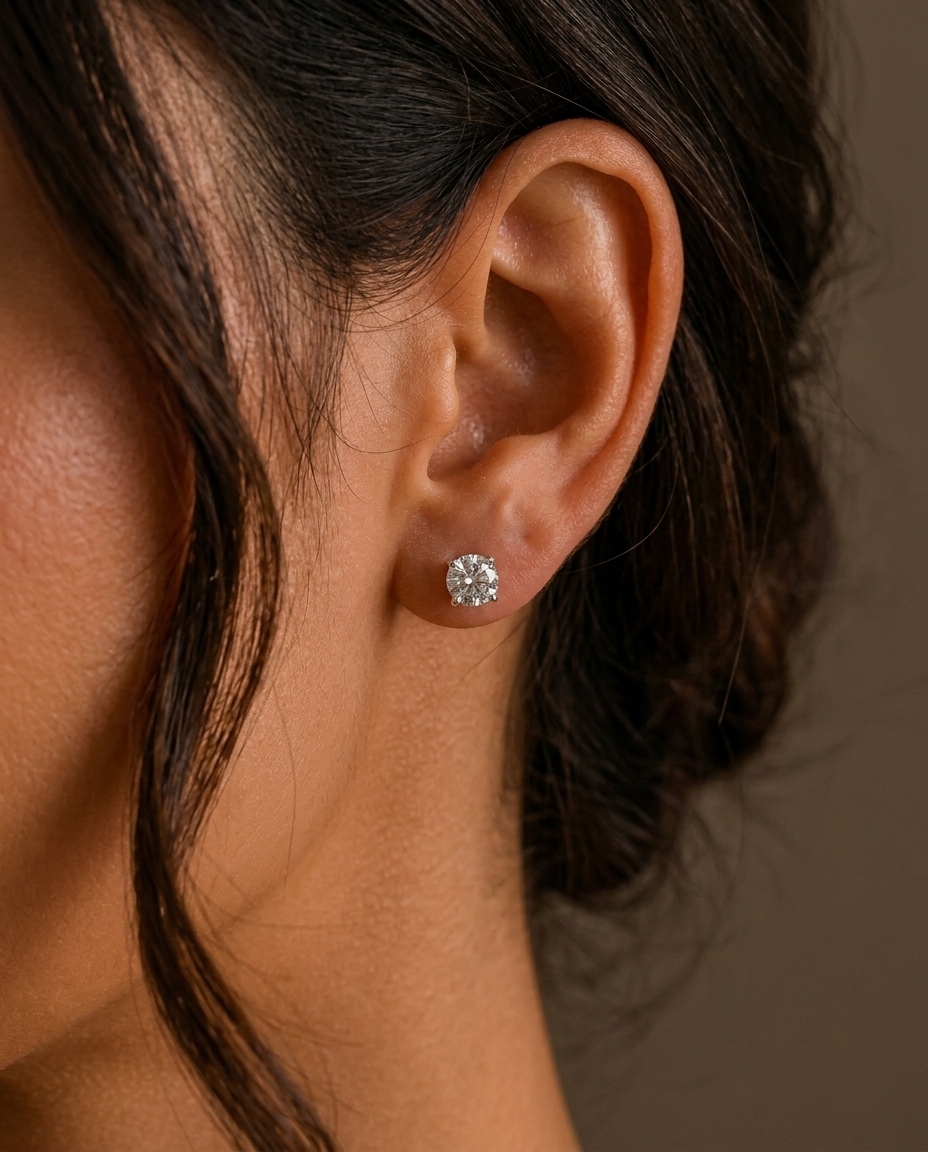 14KT Gold Solitaire Diamond Studs 4 Prong on model