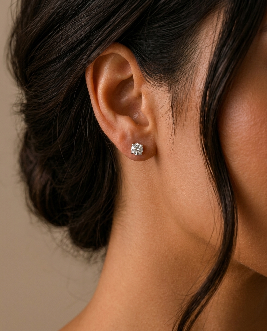 14KT Gold Solitaire Diamond Studs 4 Prong on model