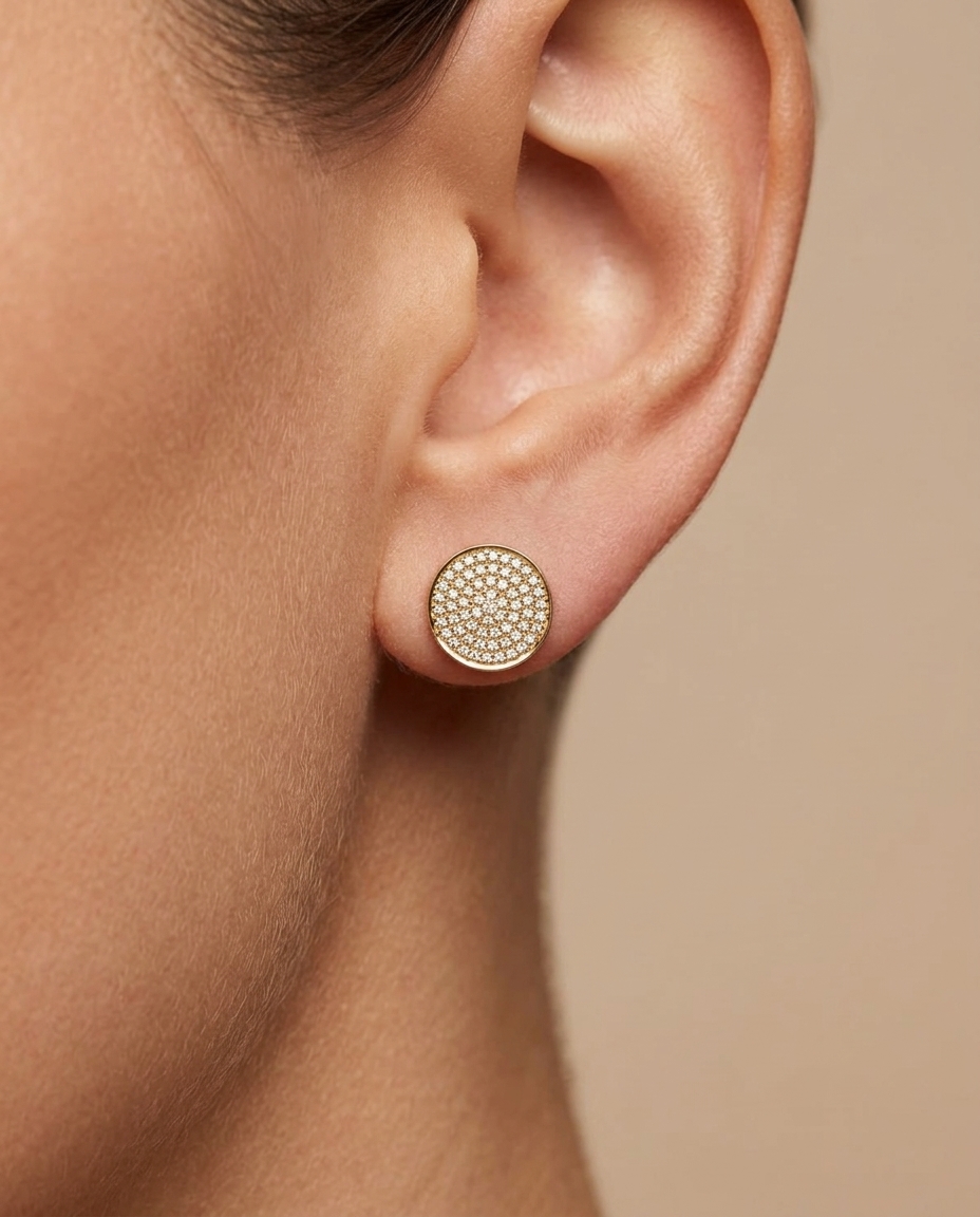 14KT Gold Diamond Round Disk Ear Studs 10 MM view 2