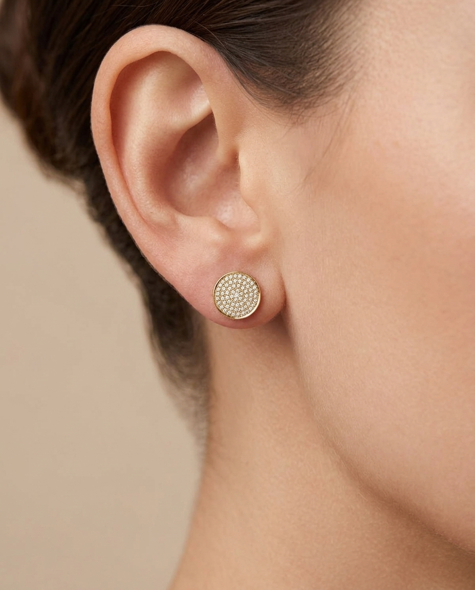 14KT Gold Diamond Round Disk Ear Studs 10 MM on model