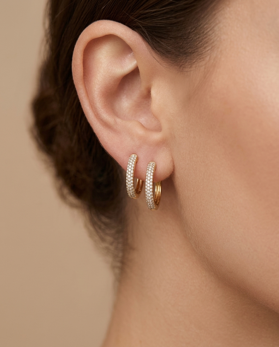 14KT Gold Diamonds Huggies on model