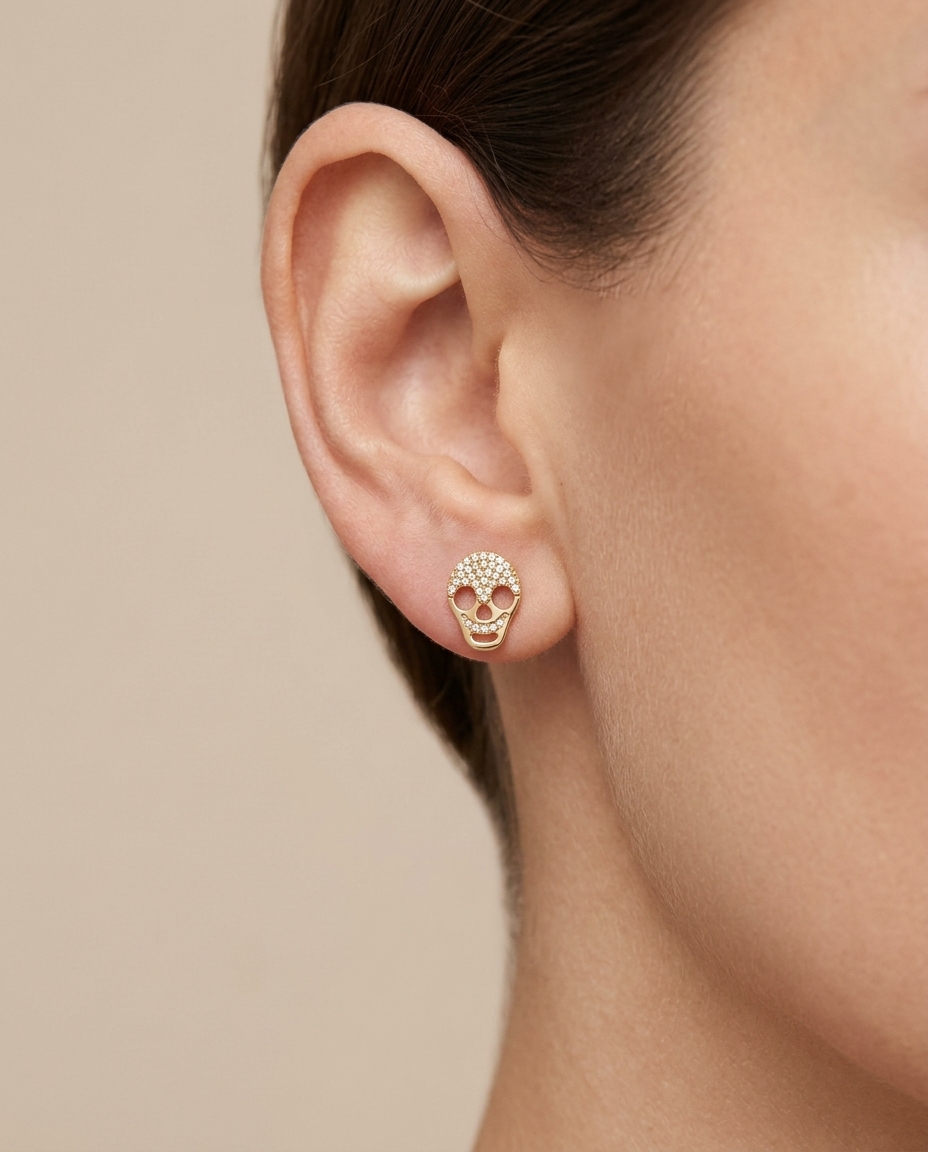 14KT Gold Diamonds Skull Earring on model