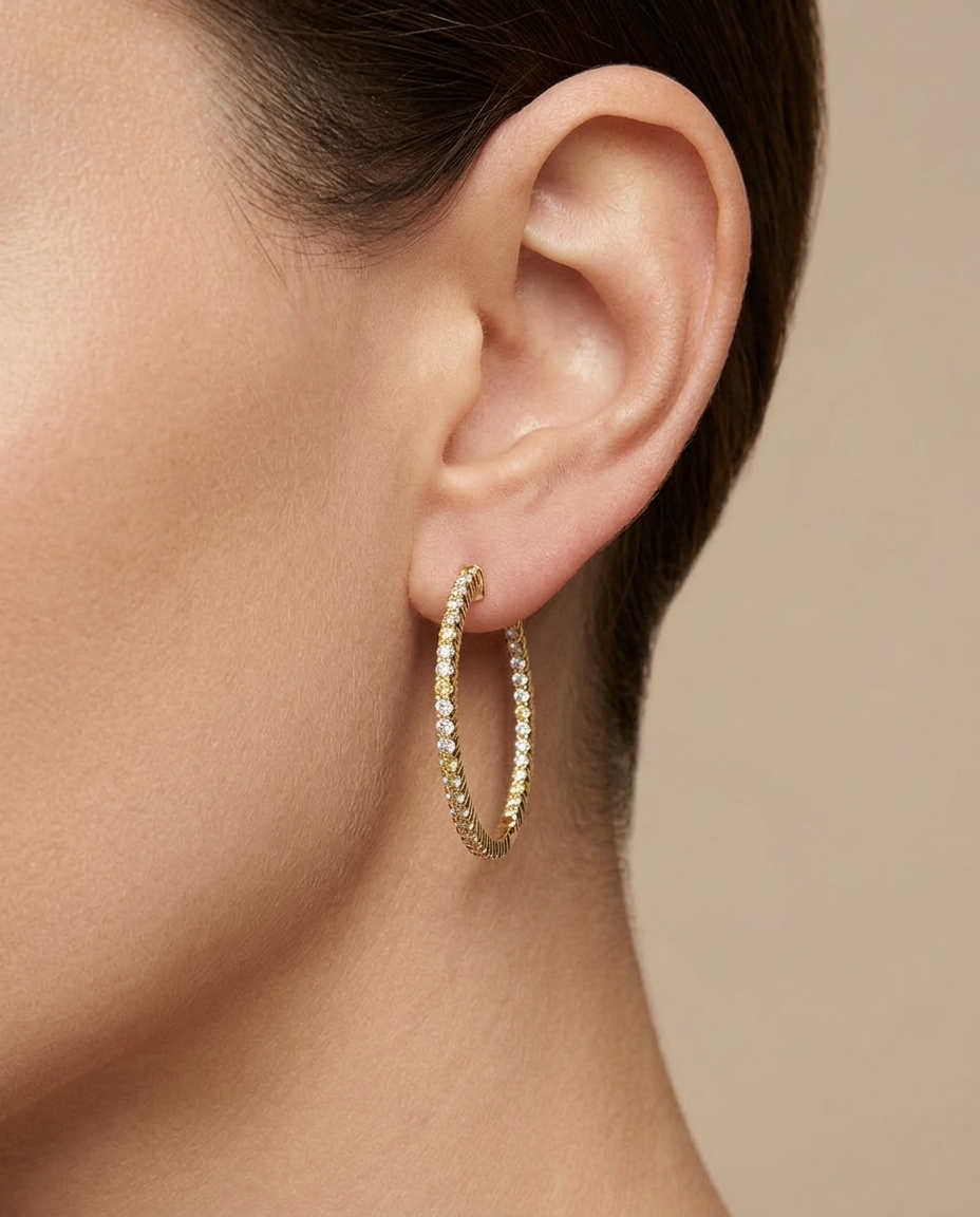 14KT Yellow Gold Diamond Hoop Earring on model