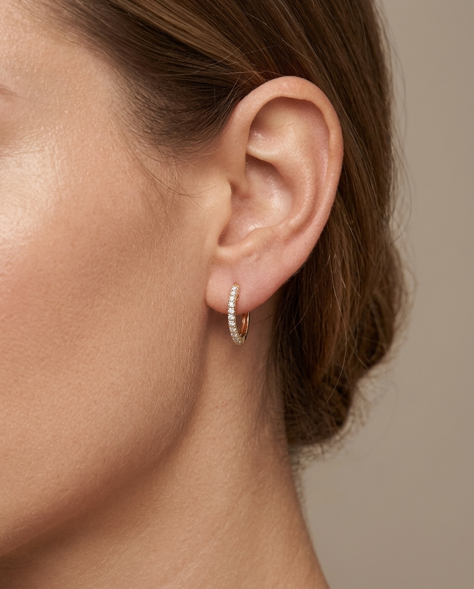 14KT Gold Diamond Huggies Earring view 2