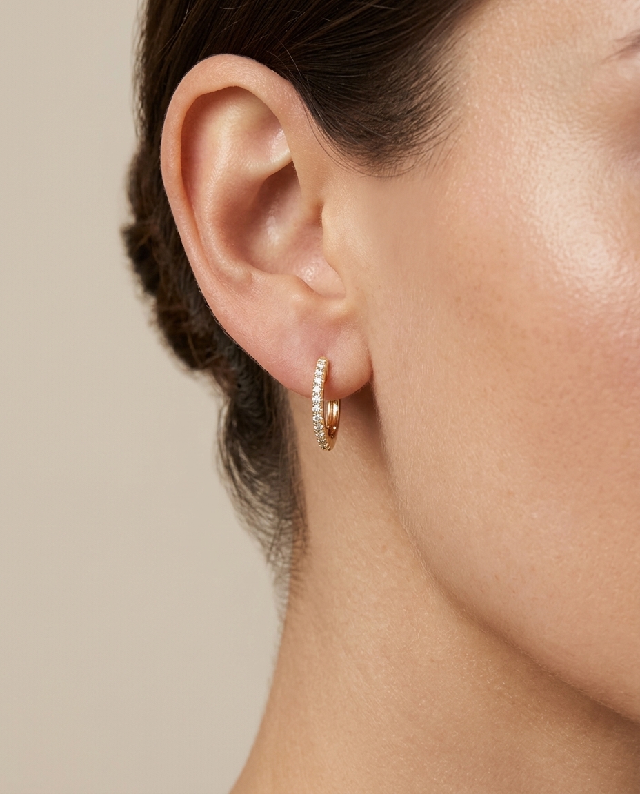 14KT Gold Diamond Huggies Earring view 2
