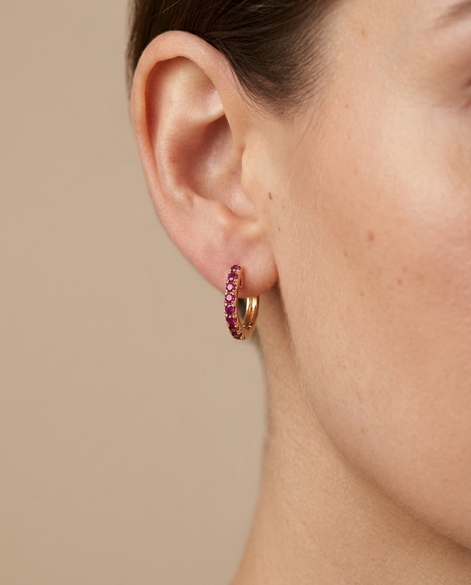 14KT Yellow Gold Ruby Huggies Earring view 2