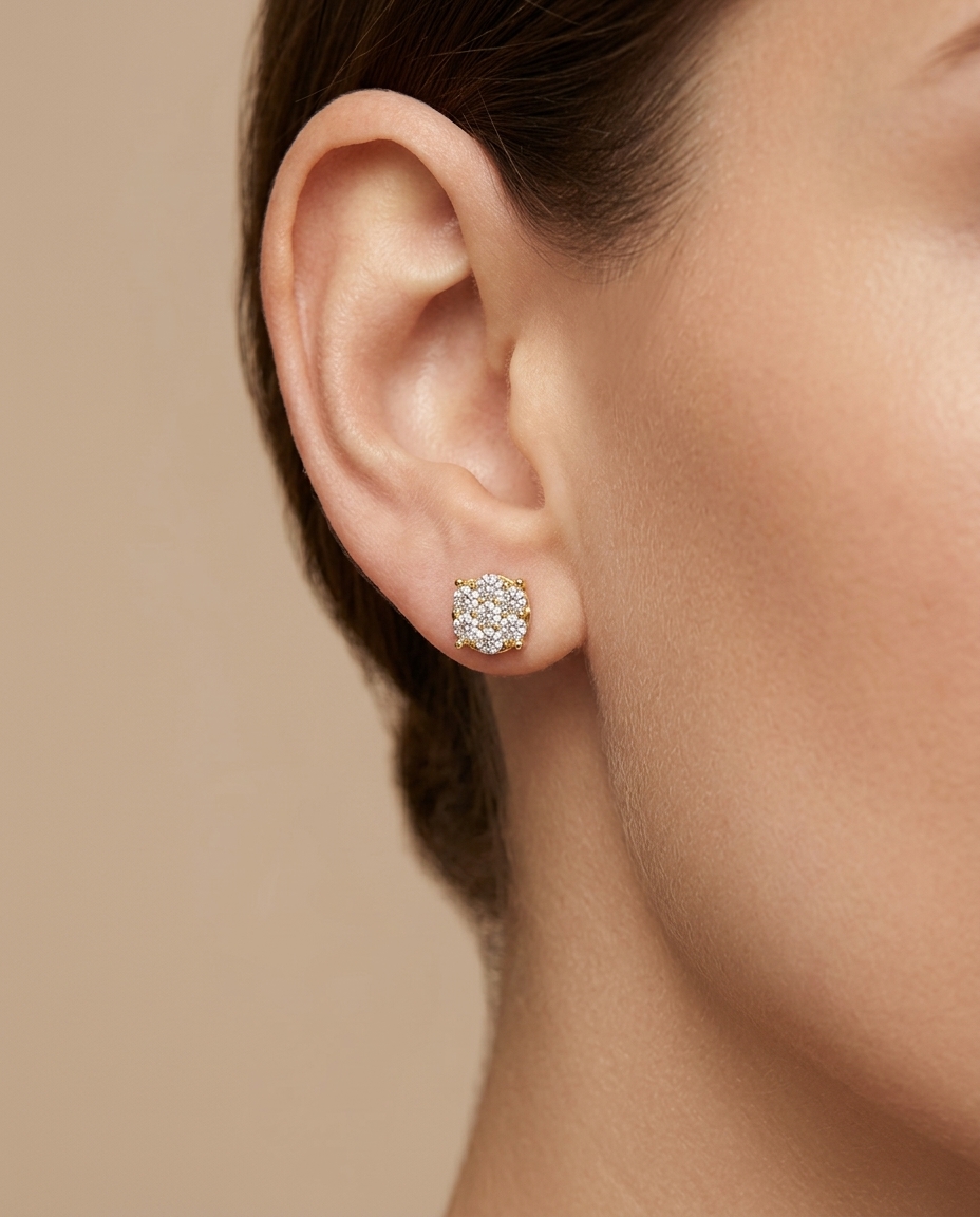 14KT Yellow Gold Diamond Flower Earing on model