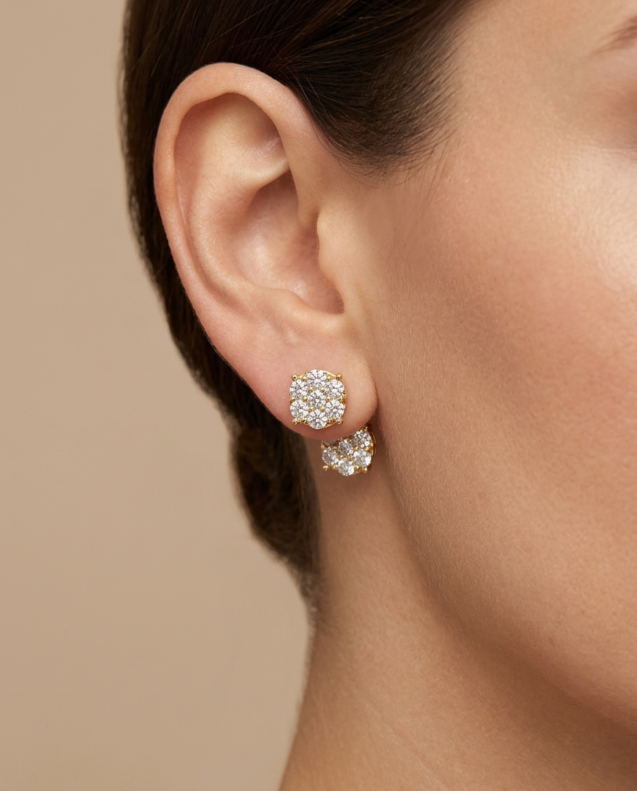 14KT Yellow Gold Diamond Flower Earing on model