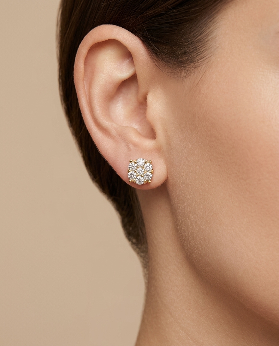 14KT Yellow Gold Diamond Flower Earing on model