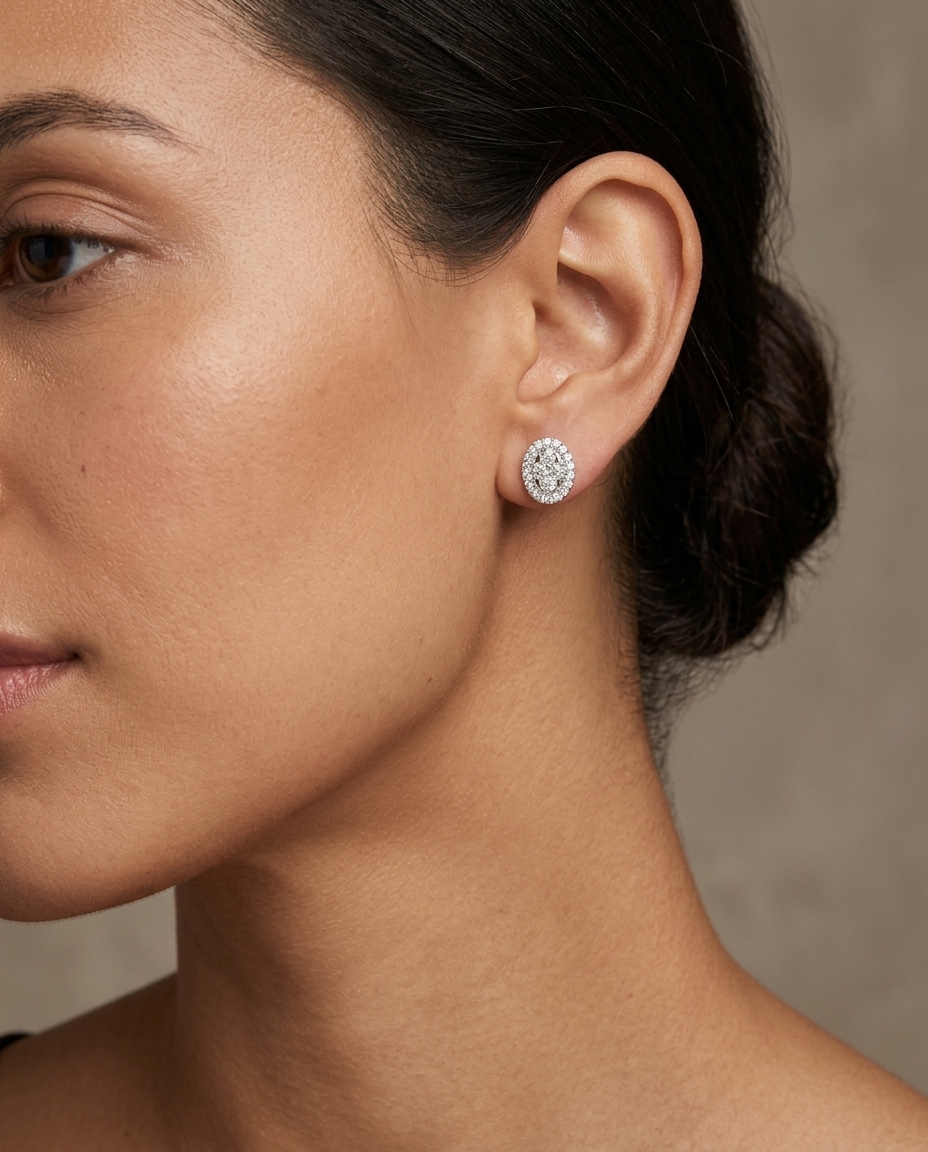 14KT White Gold Diamond Oval Earring on model