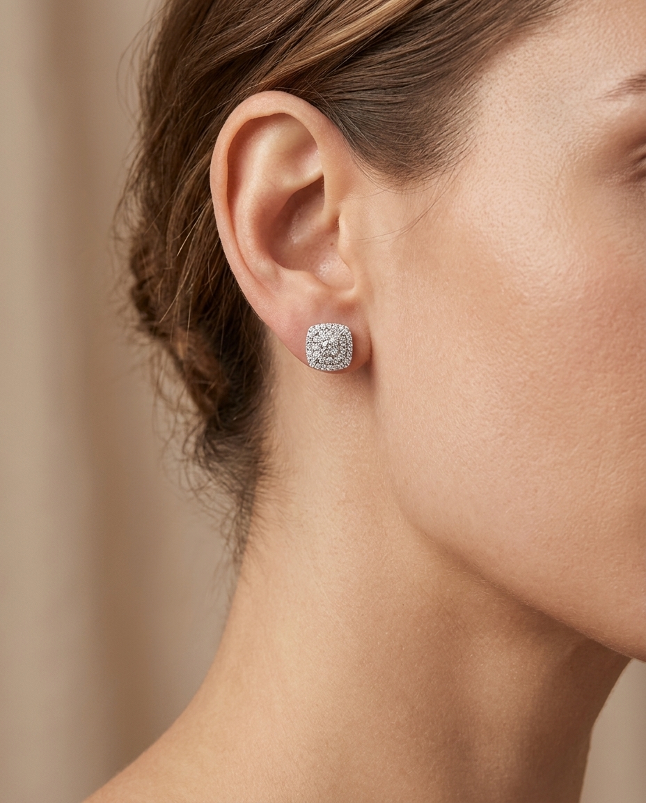 14KT White Gold Square Diamond Earing on model