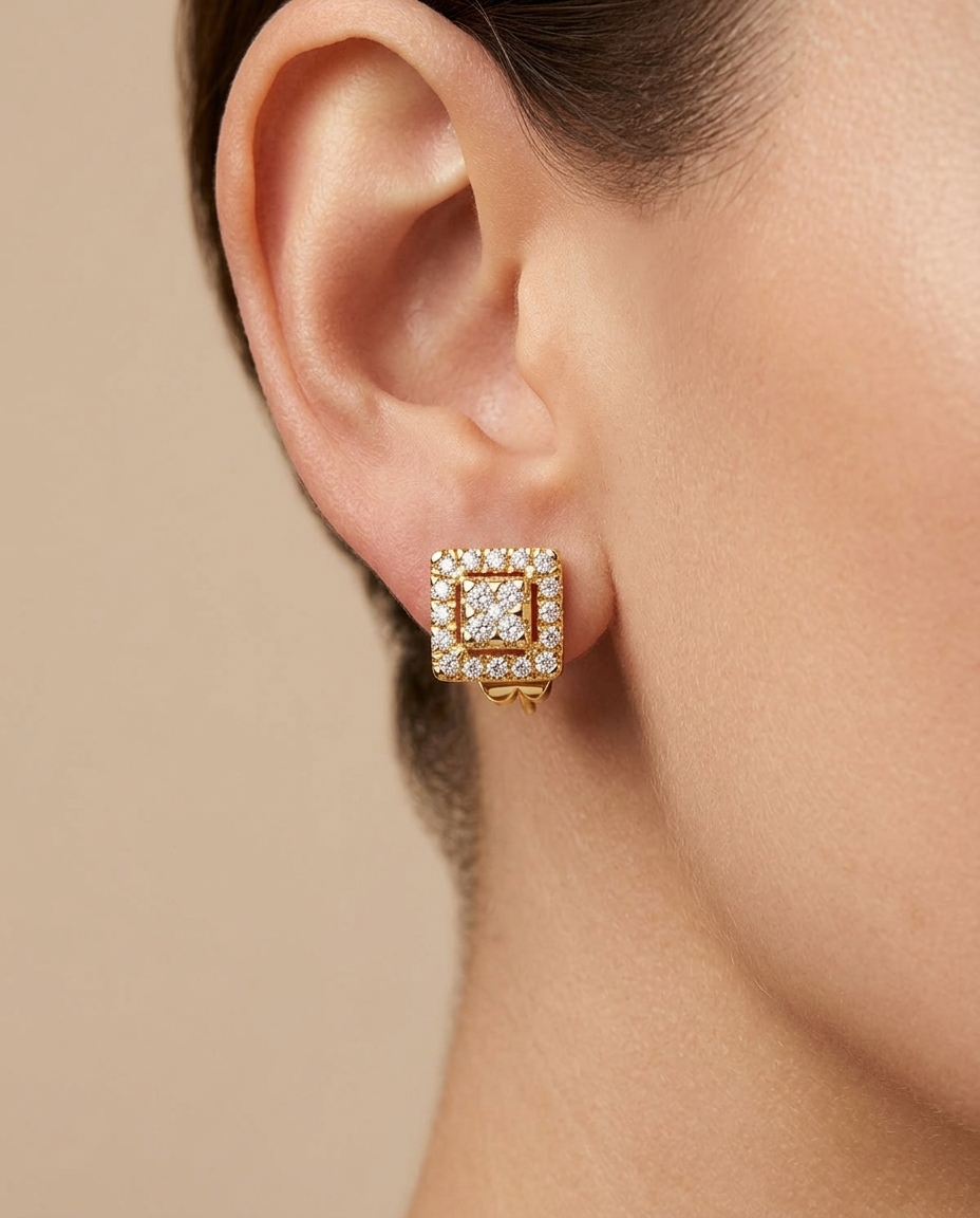 14KT Gold Diamond Square Ear Studs view 2