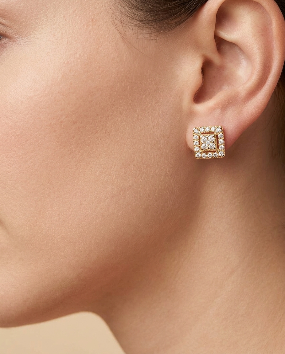 14KT Gold Diamond Square Ear Studs view 2