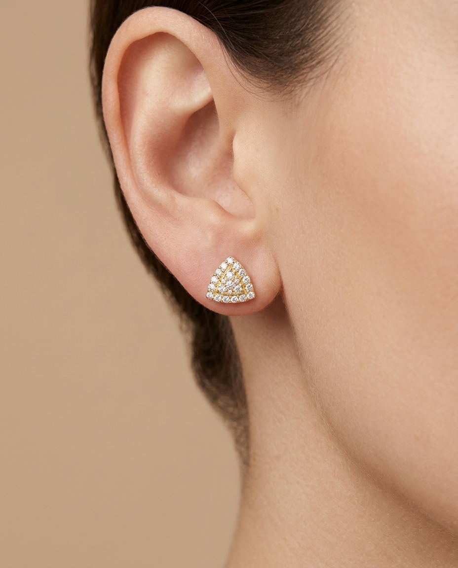 14KT Gold Diamond Triangle Ear Studs view 2