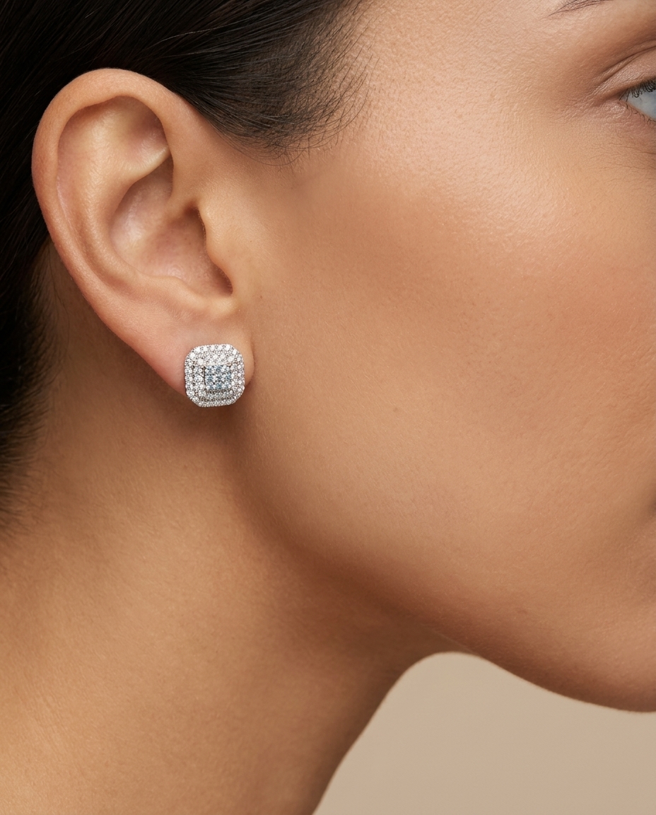 14KT White Gold Diamond Square Earring view 2