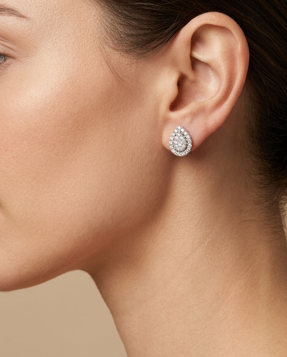 14KT White Gold Diamond Pear Shape Earring on model
